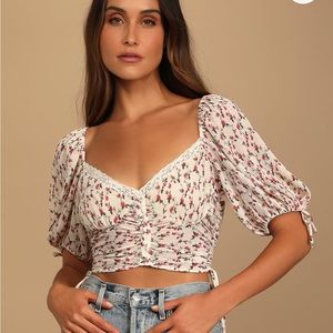 Lulus Pretty Pick Beige Floral Print Ruched Drawstring Crop Top
